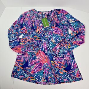 Lilly Pulitzer NWT Willa Top‎ True Blue Seas The Day Pink Purple Size XXS Blouse